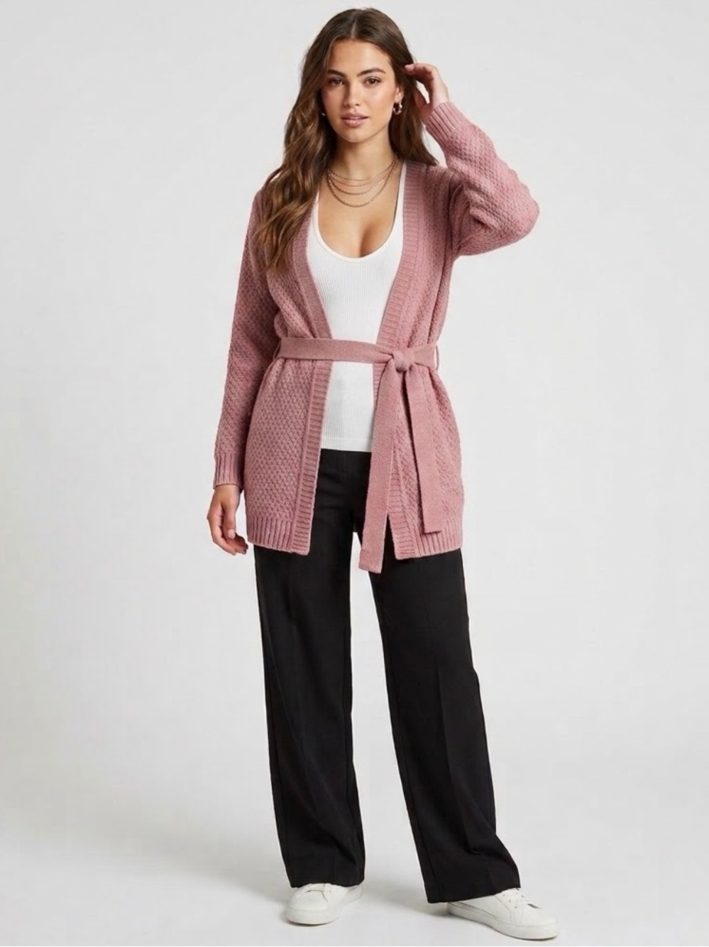 Westport Dusty Rose Belted Open-Front Cardigan